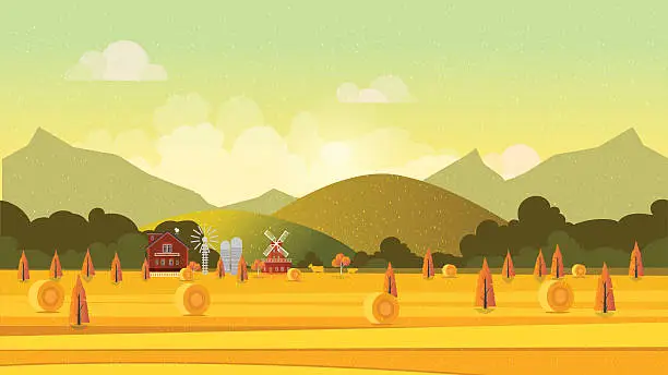 Vector illustration of Countryside landscape with haystacks on fields. Rural area . Hay bales