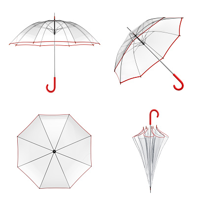 Clear transparent umbrella isolated on white background. 3D illustration