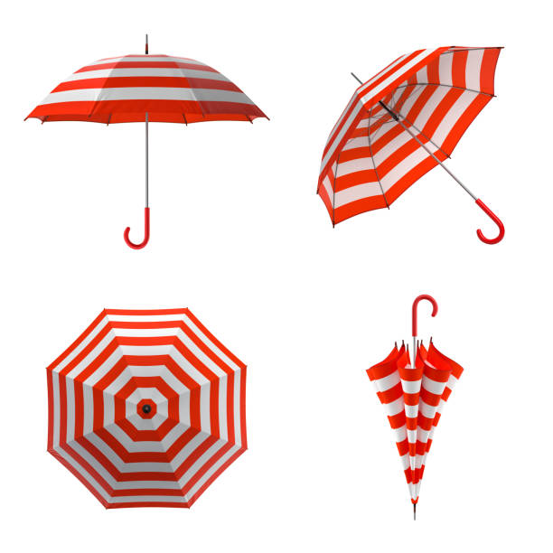istock Summer beach red umbrella isolated on white background. 3D illustration . 623353440