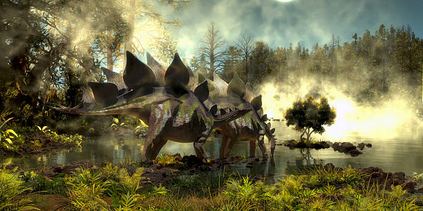 stegosaurus a swamp - stegosauro foto e immagini stock