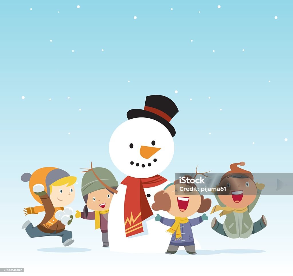 Kids and snowman Winter stock vector