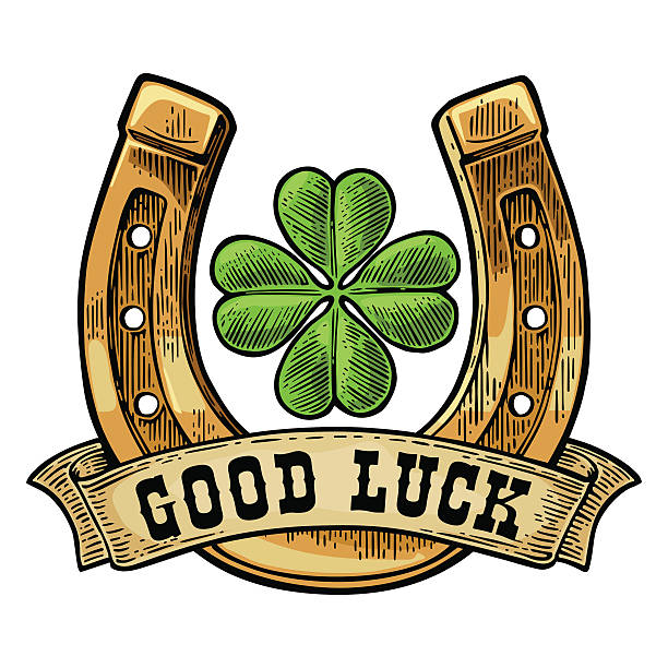 ilustrações de stock, clip art, desenhos animados e ícones de four leaf clover, horseshoe, ribbon with text good luck. - four leaf clover clover luck leaf