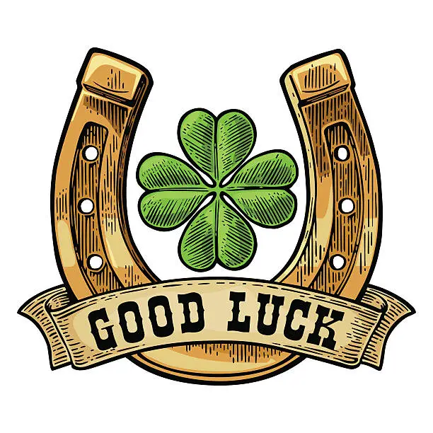 Vector illustration of Four leaf clover, horseshoe, ribbon with text good luck.