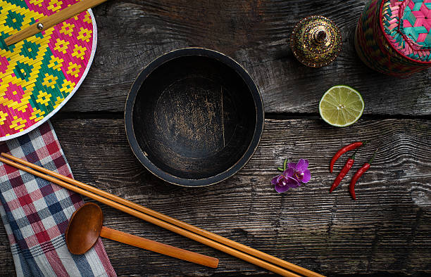Thai style still life background with wooden table