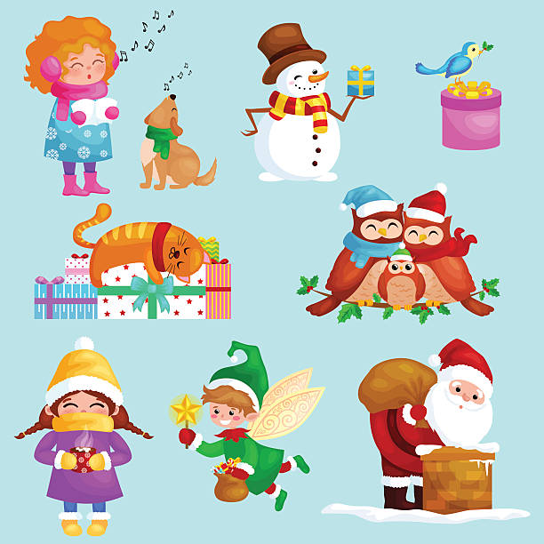 ilustraciones, imágenes clip art, dibujos animados e iconos de stock de ilustraciones puestas feliz navidad feliz año nuevo, niña canta vacaciones - owl young animal bird mother