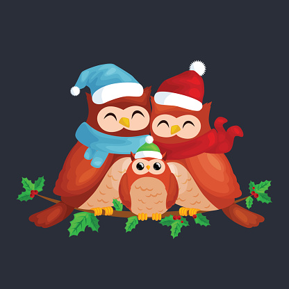 happy family of owls mom dad and baby in a warm hat and scarf sitting on a branch and enjoys the eve of Christmas and New Year by candlelight vector illustration.