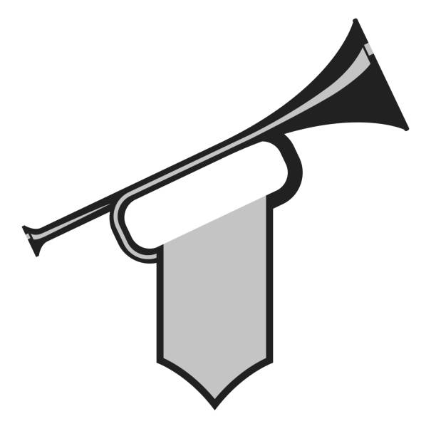 ilustraciones, imágenes clip art, dibujos animados e iconos de stock de trompeta con bandera - bugle trumpet jazz music