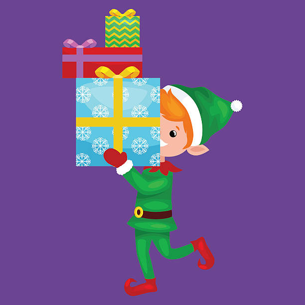 illustrazioni stock, clip art, cartoni animati e icone di tendenza di elfo di natale pila isolata di regali in scatola in un - box white stack white background