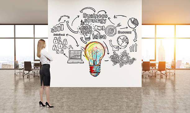 istock Blond woman looking at graffiti in office 623363880
