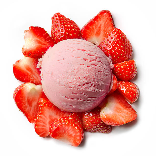 istock Ice cream ball with strawberry pieces 623364238