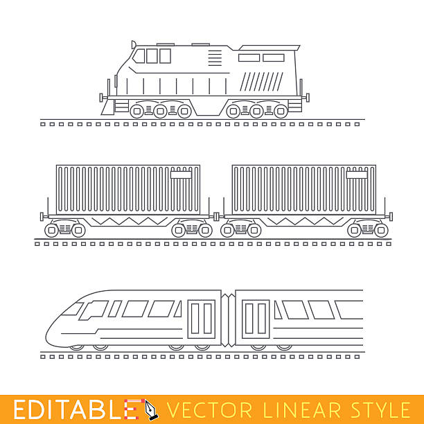 illustrazioni stock, clip art, cartoni animati e icone di tendenza di trasporti ferroviari. locomotiva, boxcar e treno moderno ad alta velocità. editabile - freight train