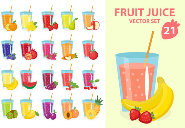 Fruit juice in glass, vector illustration set. Fresh juices icon Fruit juice in glass, vector illustration set. Fresh fruit juices icon. Drinks, juices set isolated on a white background. Glass  juice. Template for cooking, restaurant menu and vegetarian food. smoothie stock illustrations