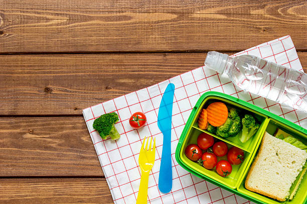 istock green lunch box for kid on wooden background top view 623367942