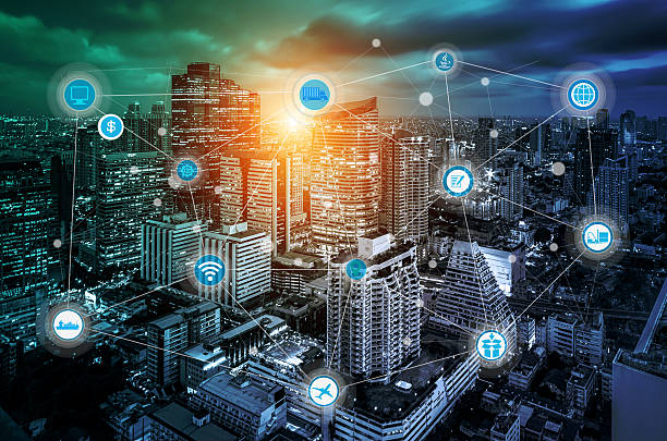 istock smart city and wireless communication network, business district 623372624