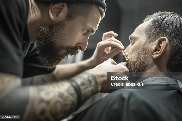 Trimming Beard In Barbershop Stock Photo - Download Image Now - Barber Shop, Barber, Adult