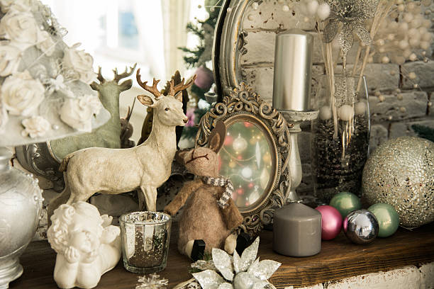 Retro table with mirror, toys and candles.