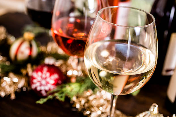 istock Various wines in glasses on dining table at Christmas. 623374750