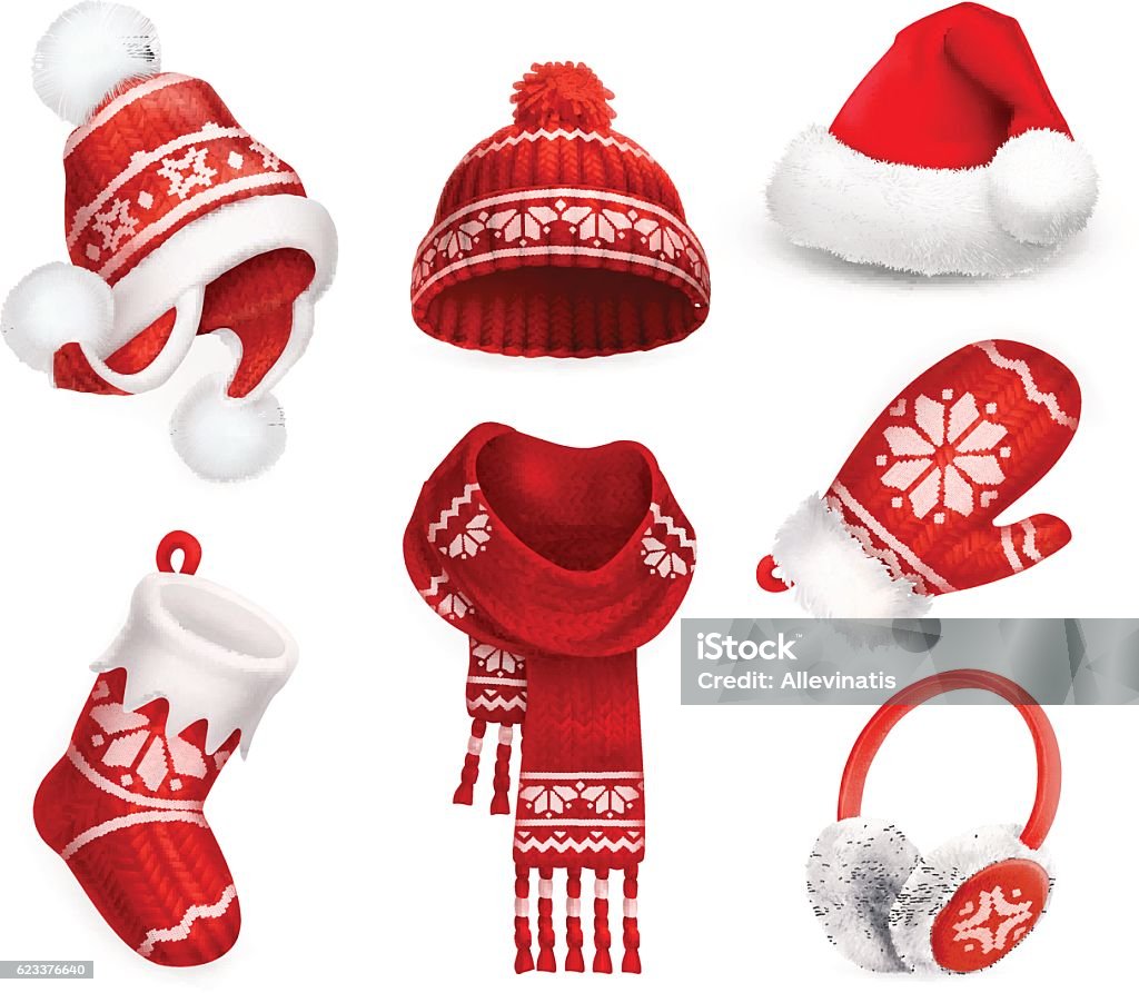 Winter clothes vector icon set Winter clothes. Santa stocking cap. Knitted hat. Christmas sock. Scarf. Mitten. Earmuffs. 3d vector icon Christmas stock vector