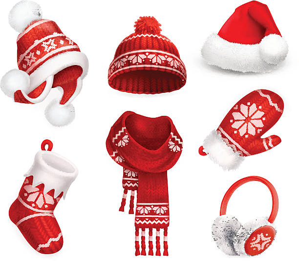 Winter clothes vector icon set Winter clothes. Santa stocking cap. Knitted hat. Christmas sock. Scarf. Mitten. Earmuffs. 3d vector icon red clothing stock illustrations