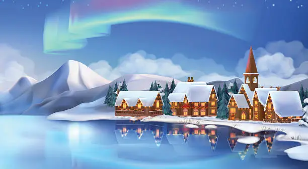 Vector illustration of Winter landscape. Christmas cottages. New Year background.