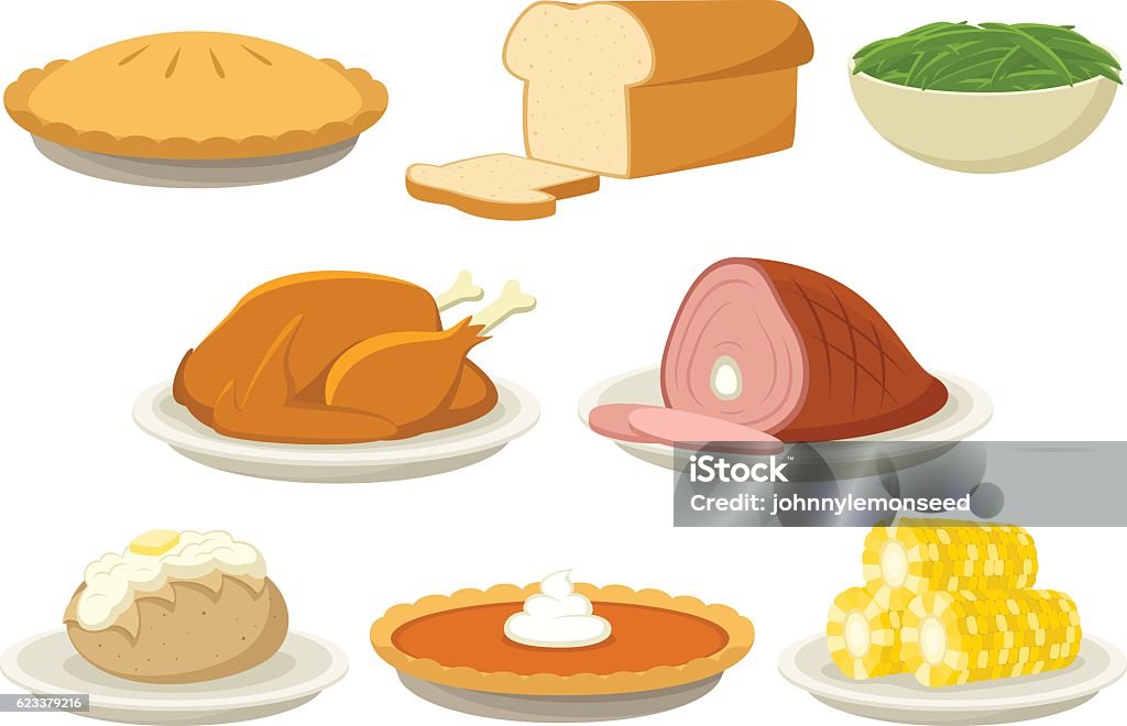 Holiday Food Vector illustration of a variety of holiday (Thanksgiving and Christmas) foods. Illustration uses no gradients, meshes or blends, only solid color. Both AI10-compatible .eps and a high-res .jpg are included. Turkey Meat stock vector