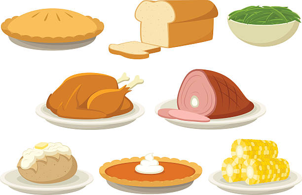 Holiday Food Vector illustration of a variety of holiday (Thanksgiving and Christmas) foods. Illustration uses no gradients, meshes or blends, only solid color. Both AI10-compatible .eps and a high-res .jpg are included. thanksgiving dinner stock illustrations