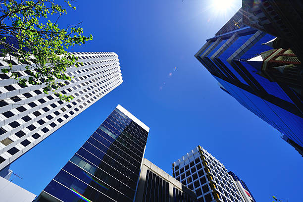 istock Low angle view of skyscrapers into the sky 623380238