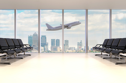 Airport waiting room with airplane and skyline, 3D rendering