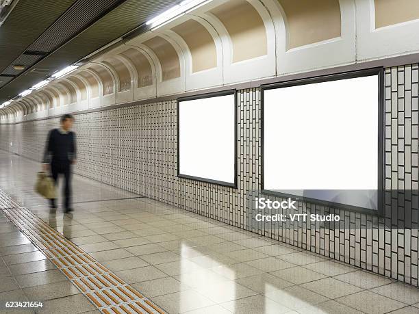 Blank Billboard Banner Media Light Box Subway Blurred Businessman Stock Photo - Download Image Now