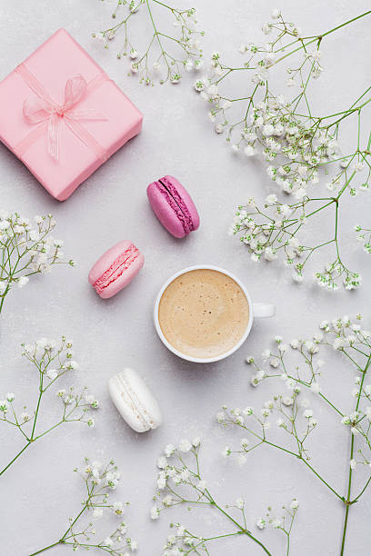 istock Morning coffee, cake macaron, gift or present box. Flat lay. 623422110