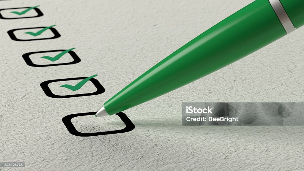 Green ball pen crossing off items from a checklist Green ball pen crossing off items from a checklist on white paper 3D illustration Checklist Stock Photo