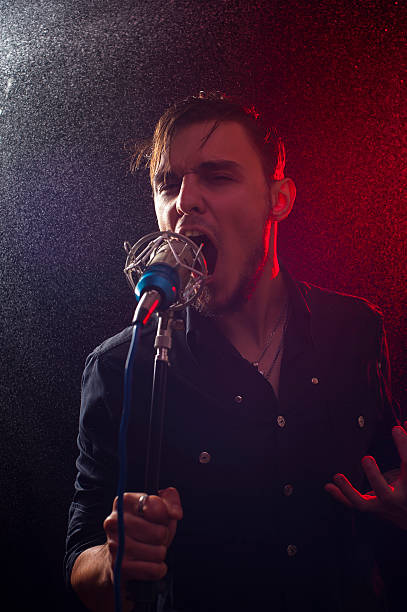 istock Young attractive rock singer with microphone 623429076