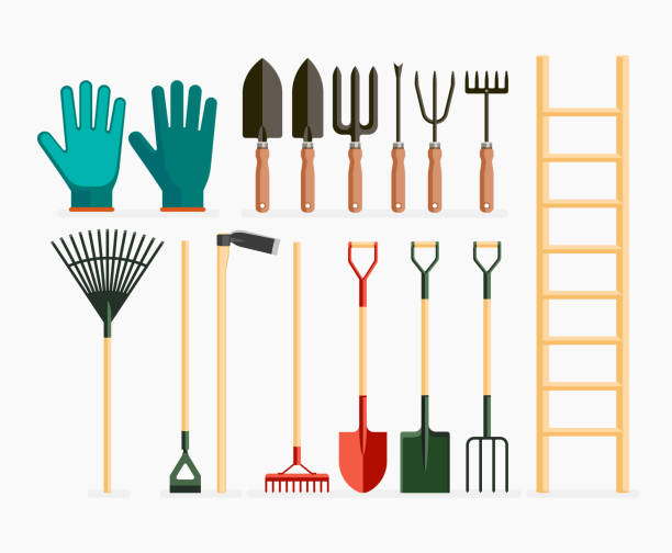 ilustraciones, imágenes clip art, dibujos animados e iconos de stock de juego de herramientas de jardín y artículos de jardinería. - gardening equipment trowel gardening fork isolated