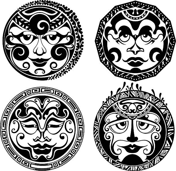 ilustrações, clipart, desenhos animados e ícones de conjunto de máscaras de tatuagem polinésia. - pattern maori tattoo indigenous culture