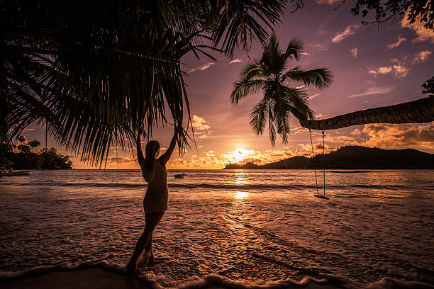 istock Back view of a woman looking at breathtaking sunset. 623432374
