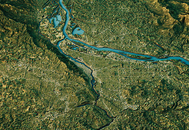 portland 3d landscape view south-north natural color - vista de satélite fotografías e imágenes de stock
