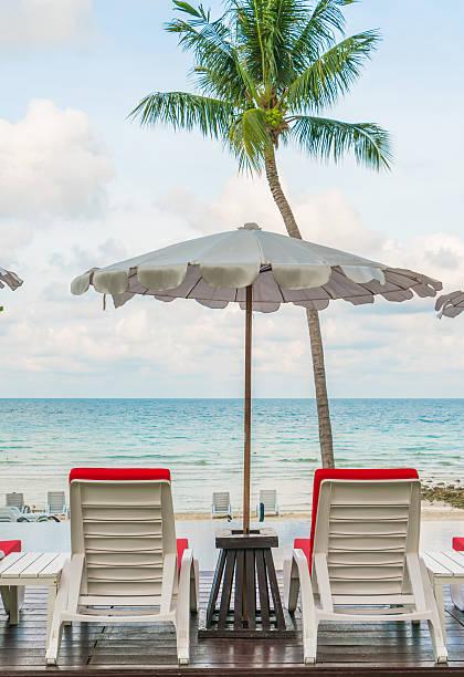 istock Beach chairs with umbrella around swimming pool 623435428
