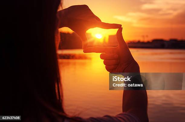 日没でフレームジェスチャーをする女性の手 - シルエットのストックフォトや画像を多数ご用意 - シルエット, ビジネス, 1人