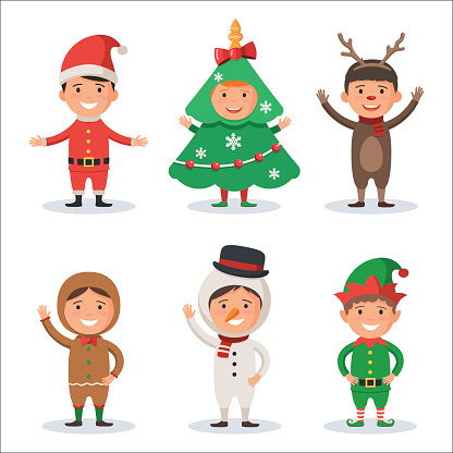 Cute kids in Christmas holiday costumes: Santa Claus, Tree, Snowman, Reindeer, Gingerbread man, Elf. New year's carnival. Vector illustration of a character isolated on white background