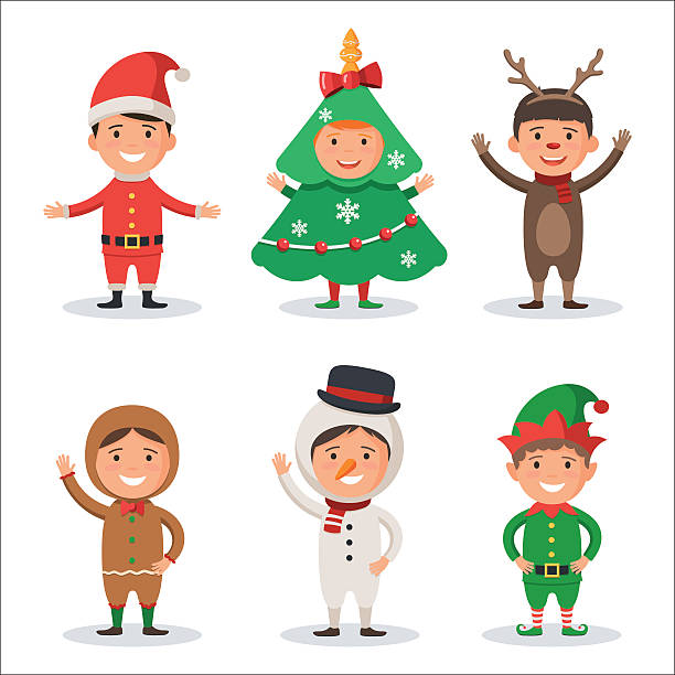 Kids in Christmas holiday costumes Cute kids in Christmas holiday costumes: Santa Claus, Tree, Snowman, Reindeer, Gingerbread man, Elf. New year's carnival. Vector illustration of a character isolated on white background Christmas Outfit  stock illustrations