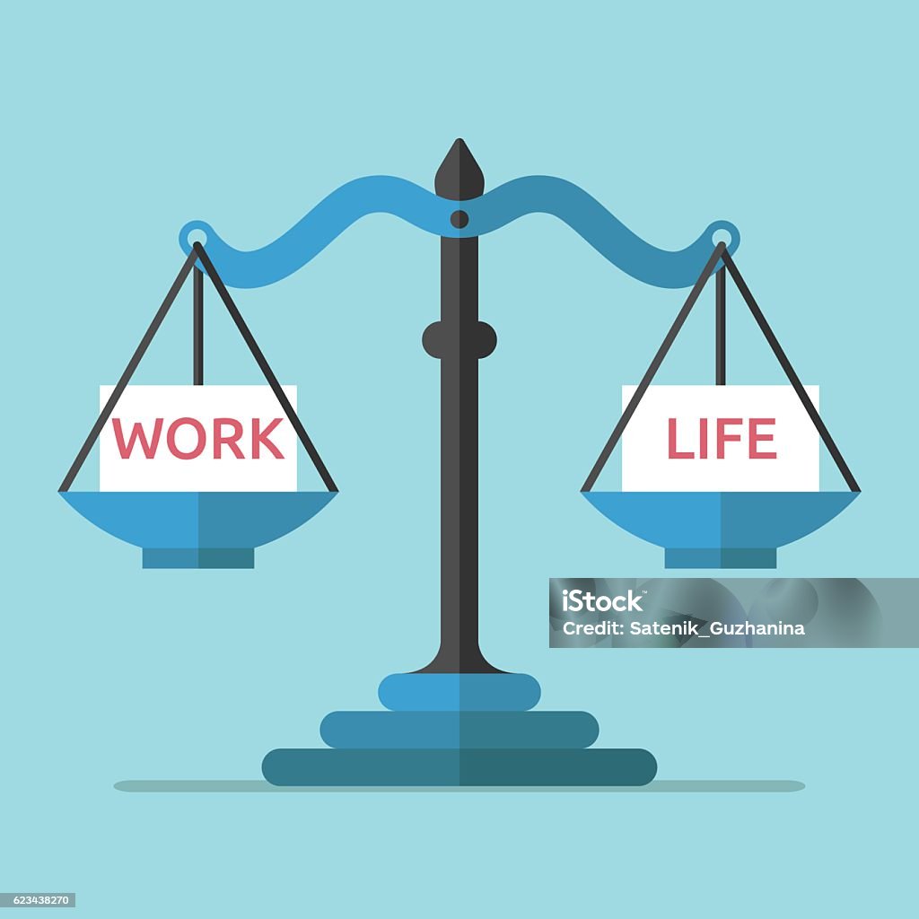 Scales, work and life Scales weighing work and life on blue background. Balance, career, time management and stress concept. Flat design. Vector illustration. EPS 8, no transparency Life Balance stock vector