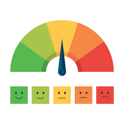 Color scale with arrow from red to green and the scale of emotions. The measuring device icon: sign tachometer, speedometer, indicators. Vector illustration in flat style isolated on white background