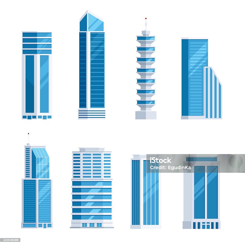 Set skyscrapers buildings Set skyscrapers buildings. Tower city business architecture apartment and office building for urban landscape. Vector illustration in trendy flat style isolated on white background Skyscraper stock vector