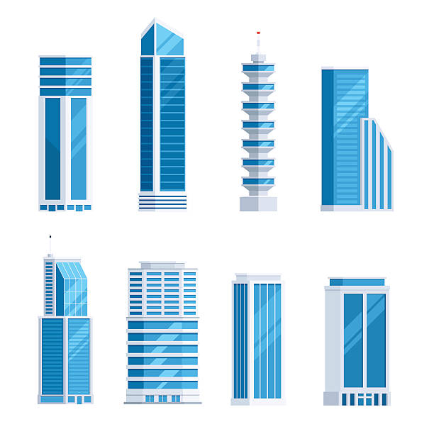 Set skyscrapers buildings Set skyscrapers buildings. Tower city business architecture apartment and office building for urban landscape. Vector illustration in trendy flat style isolated on white background skyscraper illustrations stock illustrations