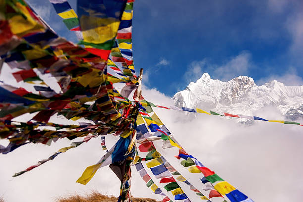The famous hiking on the roof of the world called Annapurna Circuit in the Himalaya range mountain, with little village, buddhist stupa and mountains of 8000 meters.