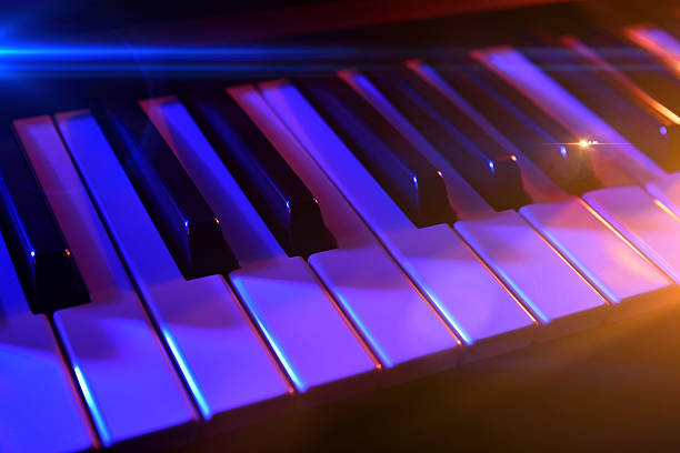 istock Keyboard synthesizer with colorful lights in concert 623438786