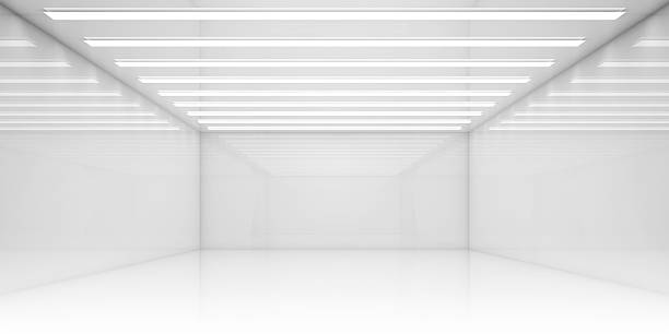 天井ライトのストライプと空の3d白い部屋 - 天井 ストックフォトと画像