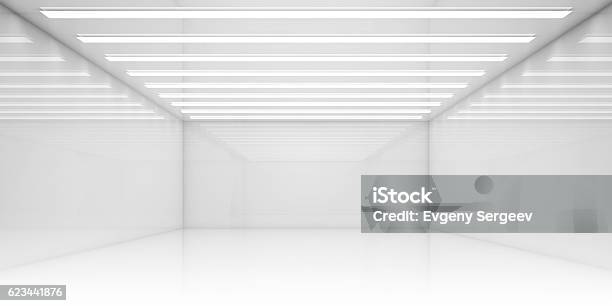 Empty 3d White Room With Stripes Of Ceiling Lights Stock Photo - Download Image Now - White Color, Domestic Room, Empty
