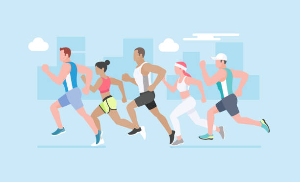 illustrazioni stock, clip art, cartoni animati e icone di tendenza di gruppo di giovani che corrono maratona. - sportsman