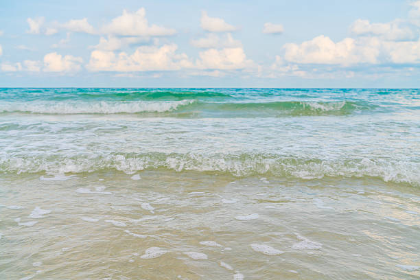 istock Beautiful white sandy beach with blue sea and sky 623443356